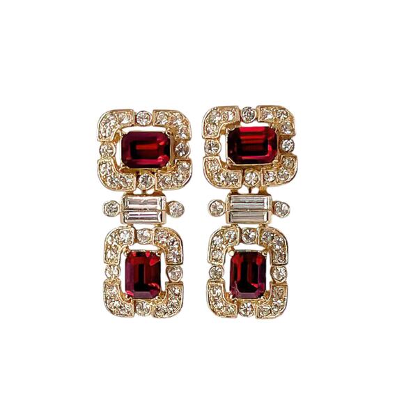 1990s Givenchy Gold Plate Dark Red & White Rhinestones Drop Dangle Clip Earrings - Picture 1 of 3